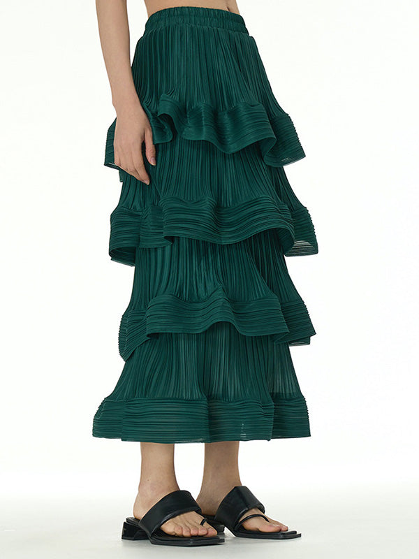 Elasticity Layered Pleated Ruffled Solid Color Loose Skirts Bottoms