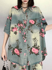 Floral Printed Split-Joint High-Low Loose Lapel Blouses&Shirts Tops