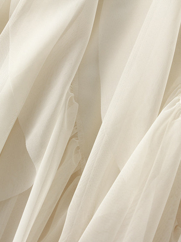 Elasticity Gauze Pleated Solid Color Split-Joint A-Line Loose Skirts