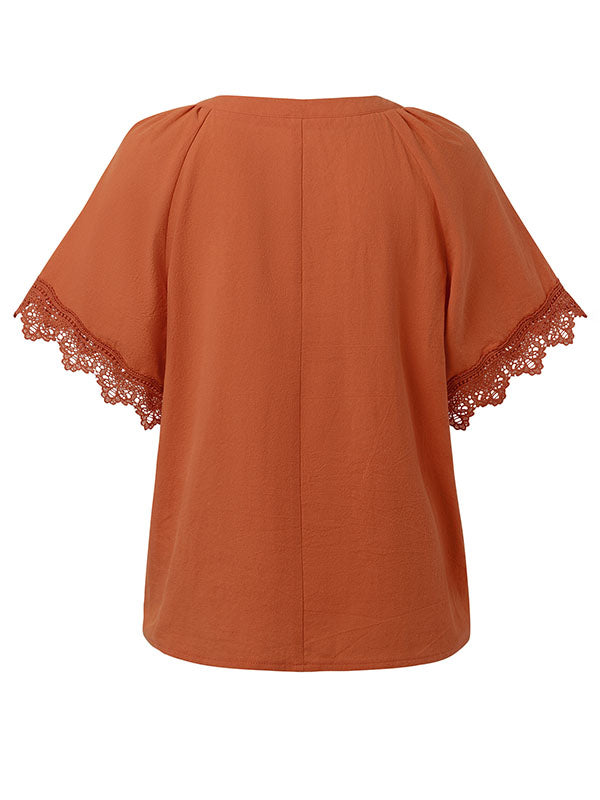 Solid Color Split-Joint Loose V-neck T-Shirts Tops