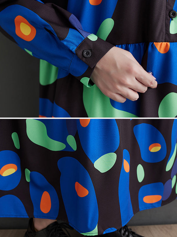 Pleated Printed Split-Joint Long Sleeves Loose Stand Collar Midi Dresses