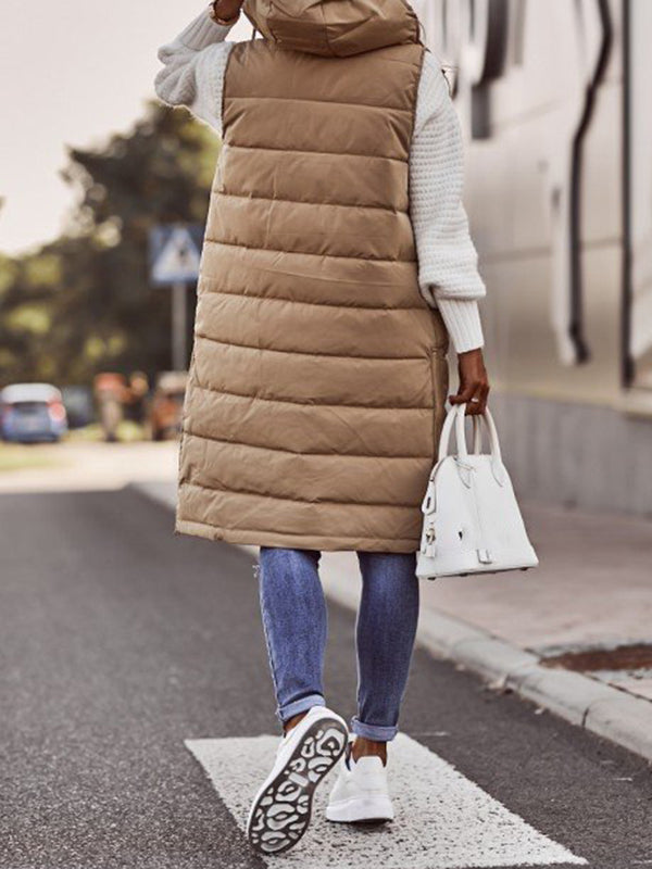 Buttoned Drawstring Keep Warm Solid Color Split-Joint Zipper Hooded Sleeveless Vest Outerwear Padded Coat