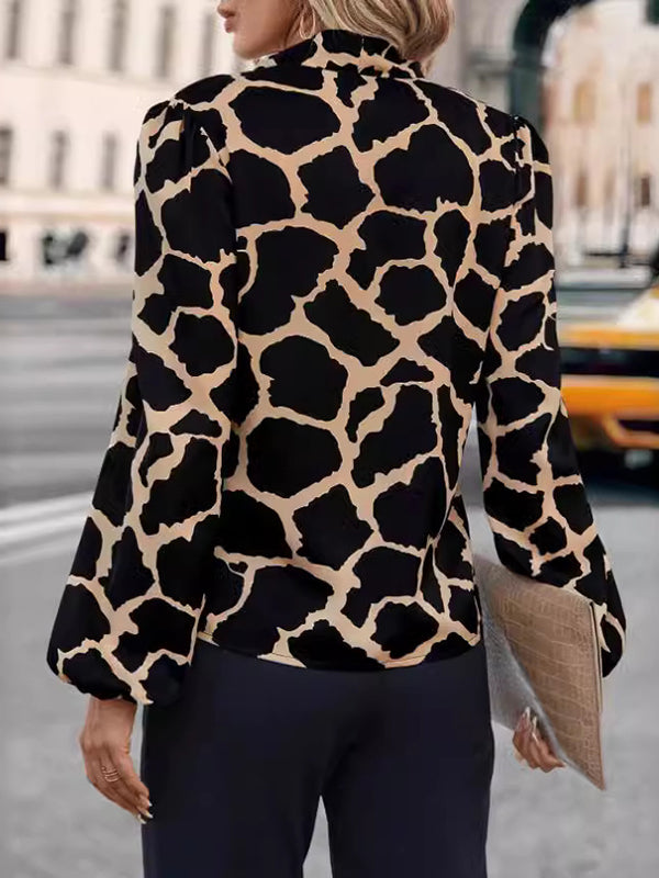 Printed Split-Joint Streamer Loose Puff Sleeves V-Neck Blouses