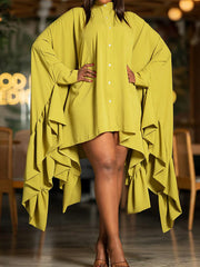 Urban A-Line Loose Falbala Solid Color Stand Collar Midi Dresses