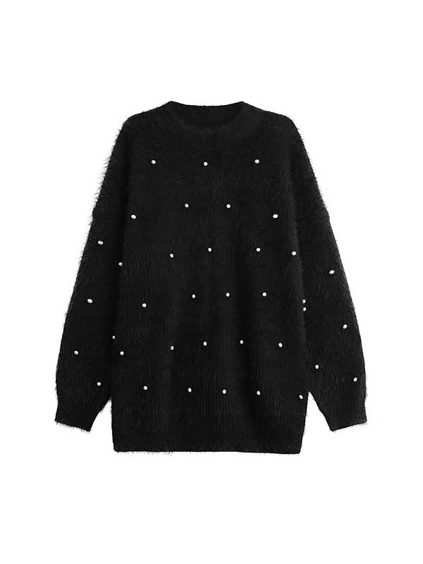 Beads Contrast Color Shiny Split-Joint Long Sleeves Loose Round-Neck Sweater Dresses Mini Dresses