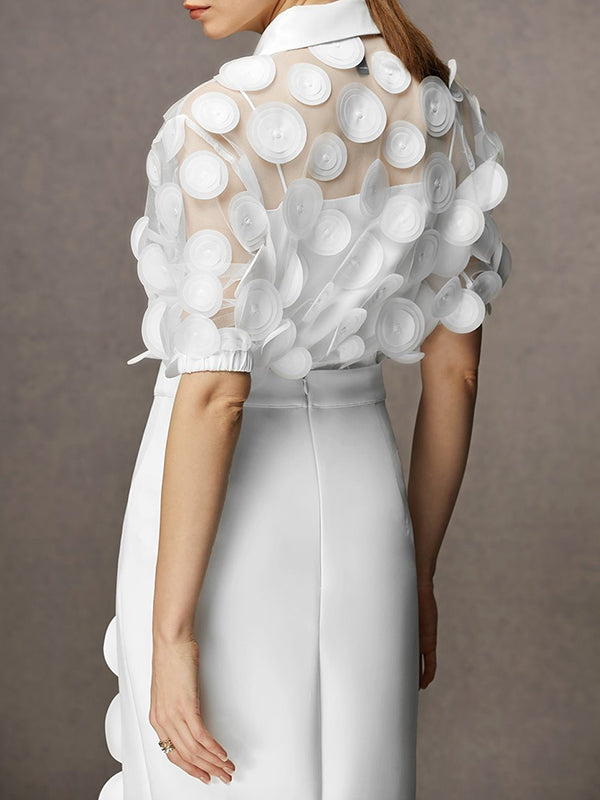 Gauze See-Through Split-Joint Loose Short Sleeves Lapel Blouses