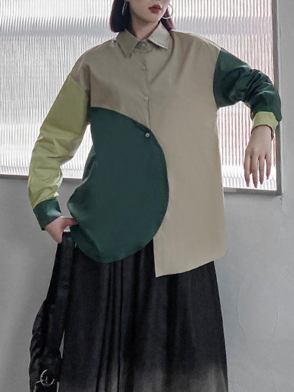 Asymmetric Buttoned Contrast Color Long Sleeves Loose Lapel Blouses&Shirts Tops