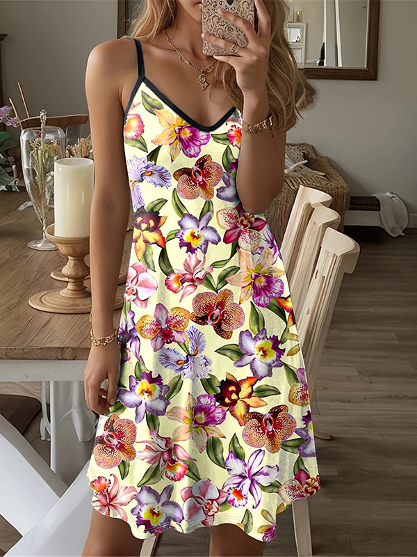 Flower Print Loose Sleeveless Spaghetti-Neck Mini Dresses