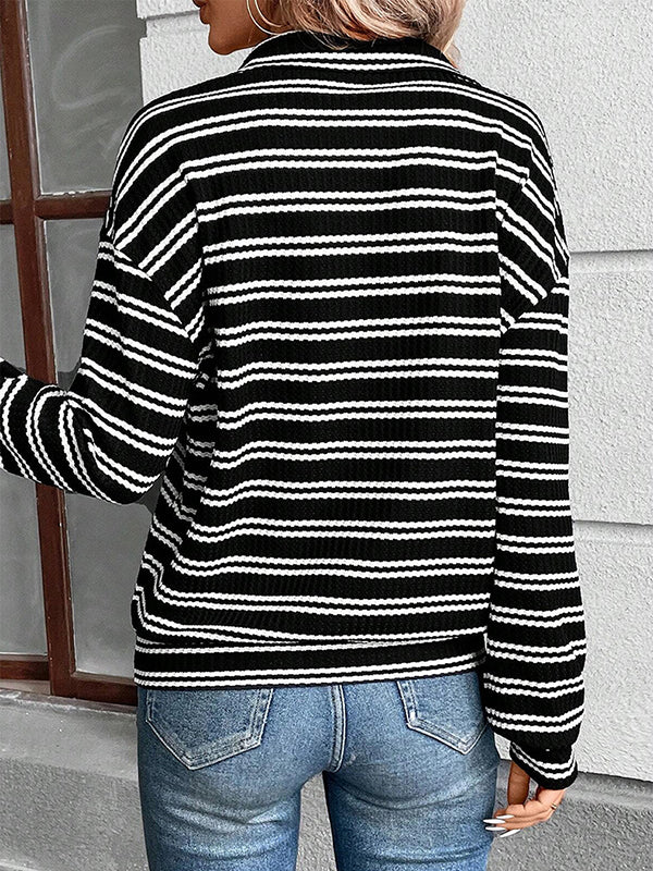 Contrast Color Striped Zipper Long Sleeves Loose Lapel Sweatshirt Tops