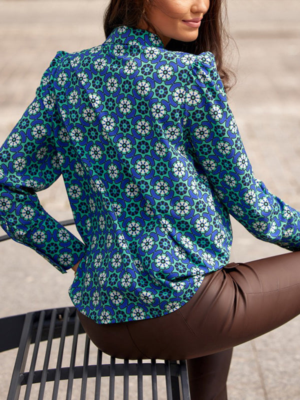 Lace-Up Printed Long Sleeves Loose Lapel Blouses&Shirts Tops