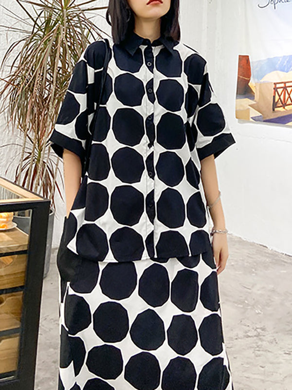 Round-Neck Batwing Sleeves Buttoned Polka-Dot Shirts Top + Elasticity Pockets Harem Pants Pants Bottom Two Pieces Set
