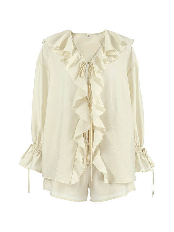V-Neck Long Sleeves Loose Ruffle Trim Solid Color Tied Blouses&Shirts Tops + Elasticity Shorts Bottom Two Pieces Set