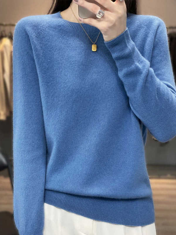 Elasticity Solid Color Long Sleeves Loose Round-Neck Sweater Pullovers Knitwear