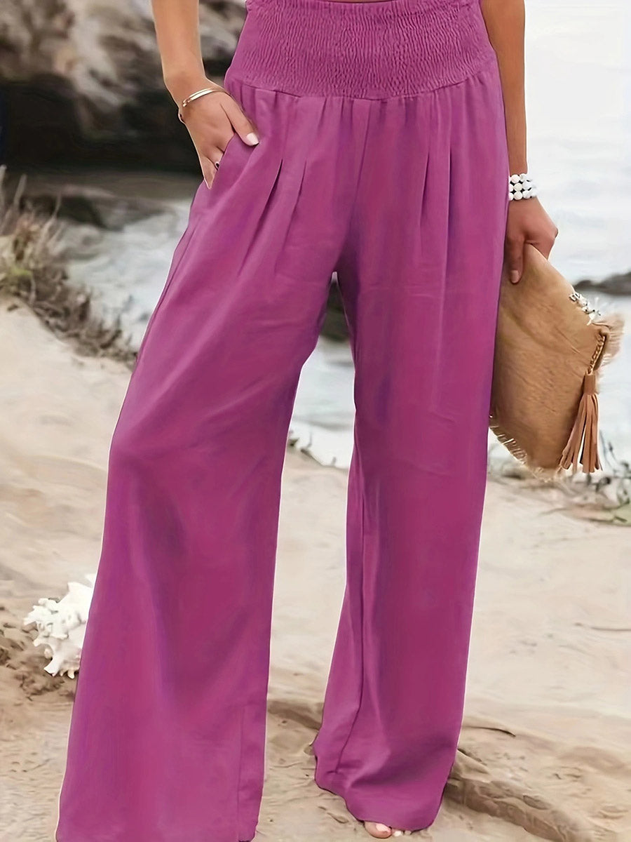 Pleated Pockets Solid Color Split-Joint Elasticated Waist High Waisted Pants
