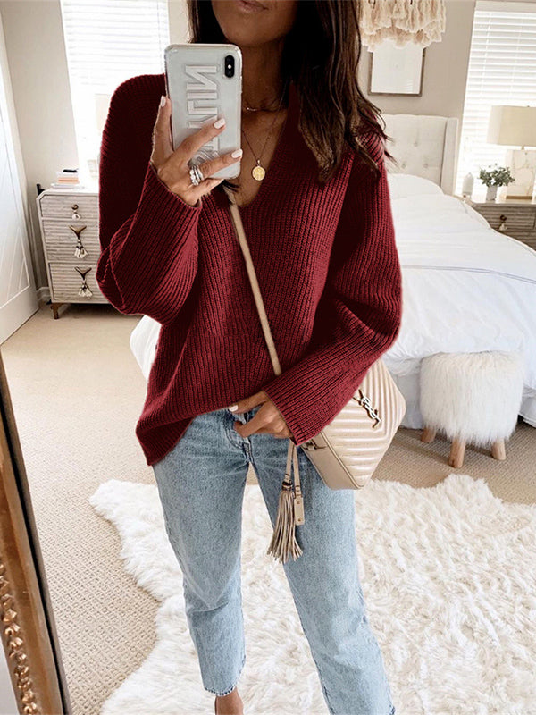 Casual Loose Solid Color V-Neck Sweater Tops