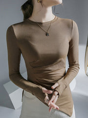 Asymmetric Pleated Solid Color Long Sleeves Skinny Round-Neck T-Shirts Tops
