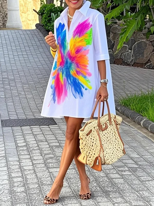 Buttoned Contrast Color Printed Half Sleeves Loose Lapel Shirt Dress Mini Dresses