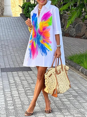 Buttoned Contrast Color Printed Half Sleeves Loose Lapel Shirt Dress Mini Dresses