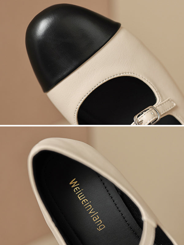 Belt Buckle Round-Toe Split-Joint Mary Janes Flat Shoes