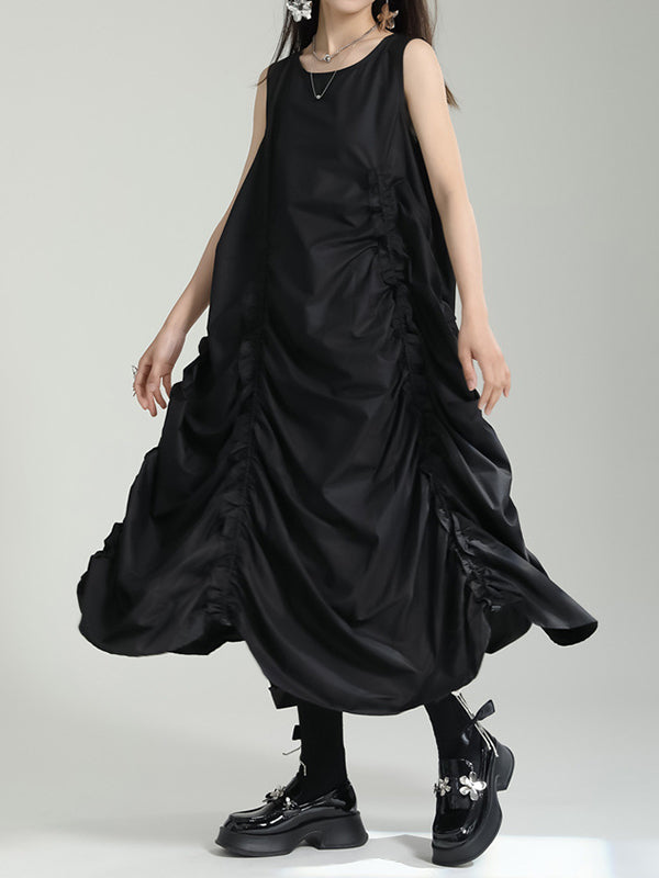 Solid Color Irregular clipping Loose Round-neck Midi Dresses