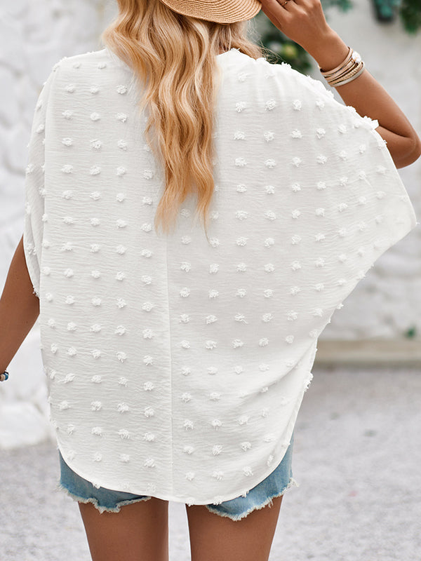 Jacquard Solid Color Batwing Sleeves Half Sleeves V-Neck T-Shirts Tops