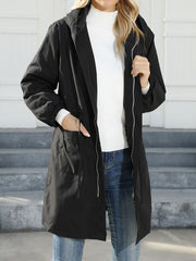 Drawstring Elasticity Pockets Quilted Solid Color Zipper Long Sleeves Loose Hooded Jackets