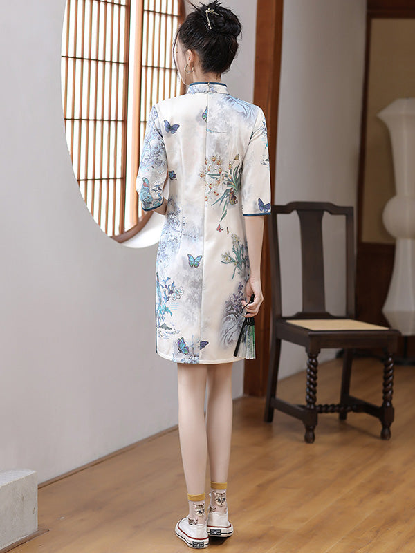 Original Half Sleeves Animal Printed Split-Side Stand Collar Short Cheongsams