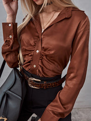 Pleated Solid Color Long Sleeves Lapel Blouses&shirts Tops
