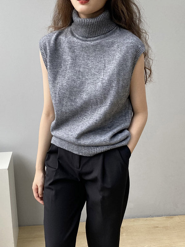 Simple Loose Solid Color High-Neck Knitting Vest Top
