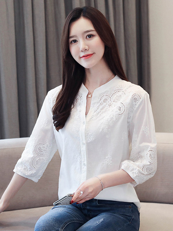 Vintage Half Sleeves Hollow Embroidered White Blouse