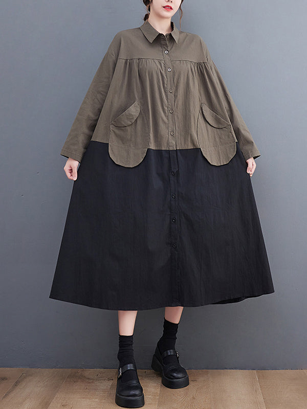 Original Loose Long Sleeves Buttoned Contrast Color Lapel Collar Midi Dresses