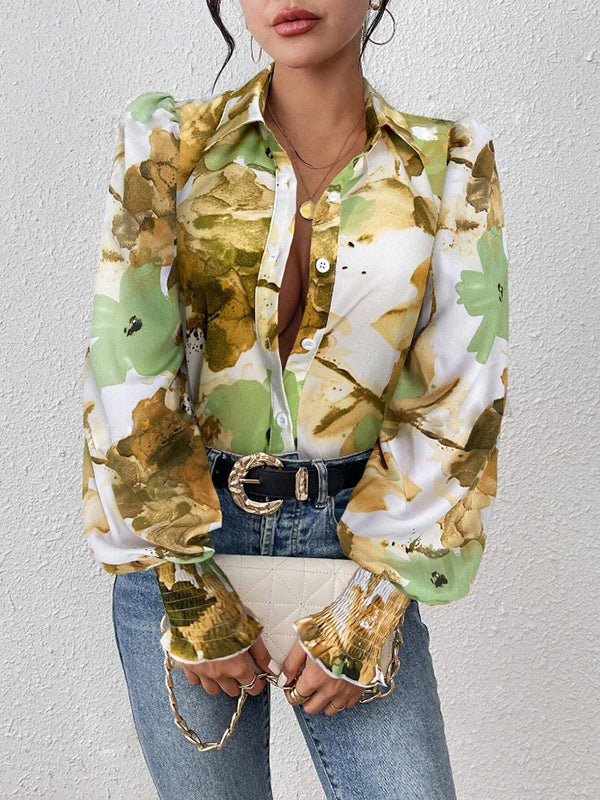 Buttoned Elasticity Flower Print Pleated Long Sleeves Loose Lapel Blouses&Shirts Tops
