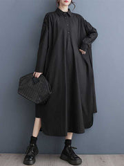 Buttoned Hollow Pleated Pockets Solid Color A-line Long Sleeves Lapel Shirt Dress Midi Dresses