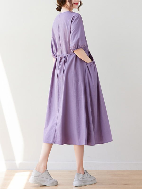 Casual Half Sleeves Loose Elasticity Split-Joint Solid Color Midi Dresses
