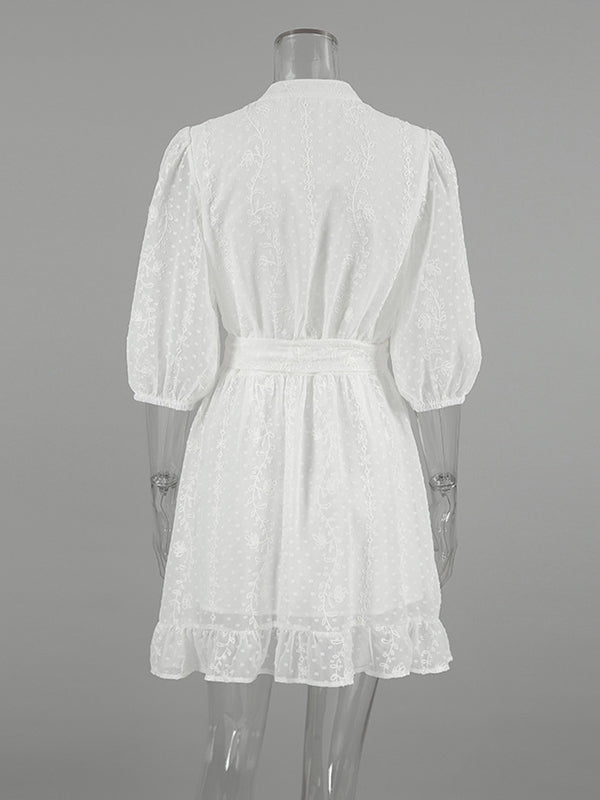 Jacquard Pleated Ruffled See-Through Solid Color Split-Joint Tied Waist Loose Puff Sleeves Stand Collar Mini Dresses