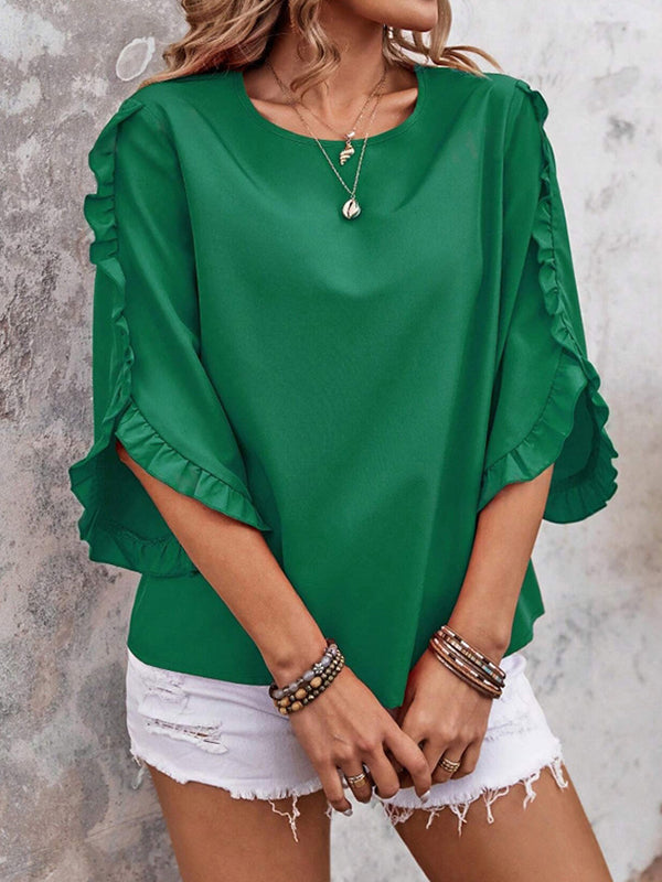 Ruffle Trim Solid Color Loose Three-Quarter Sleeves Round-Neck T-Shirts Tops