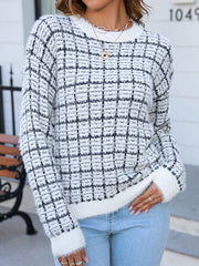 Plaid Split-Joint Long Sleeves Loose Round-Neck Sweater Tops Pullovers