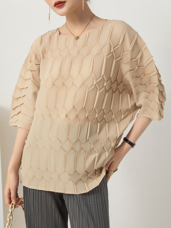 Original Loose Half Sleeves Pleated Solid Color Round-Neck T-Shirts Tops