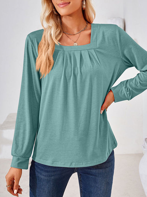 Pleated Solid Color Long Sleeves Loose Square-Neck T-Shirts Tops