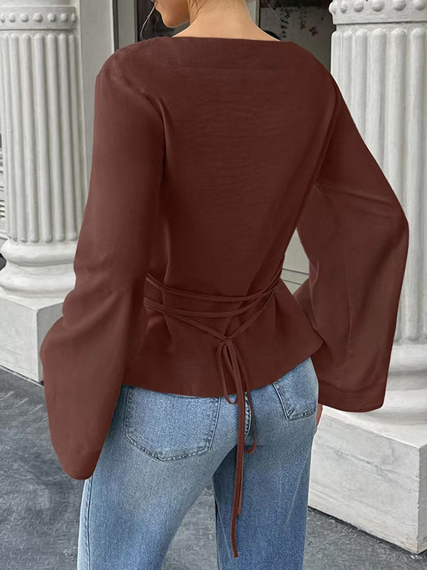 Solid Color Split-Joint Tied Waist Elasticated Waist Flared Sleeves Round-Neck T-Shirts Tops
