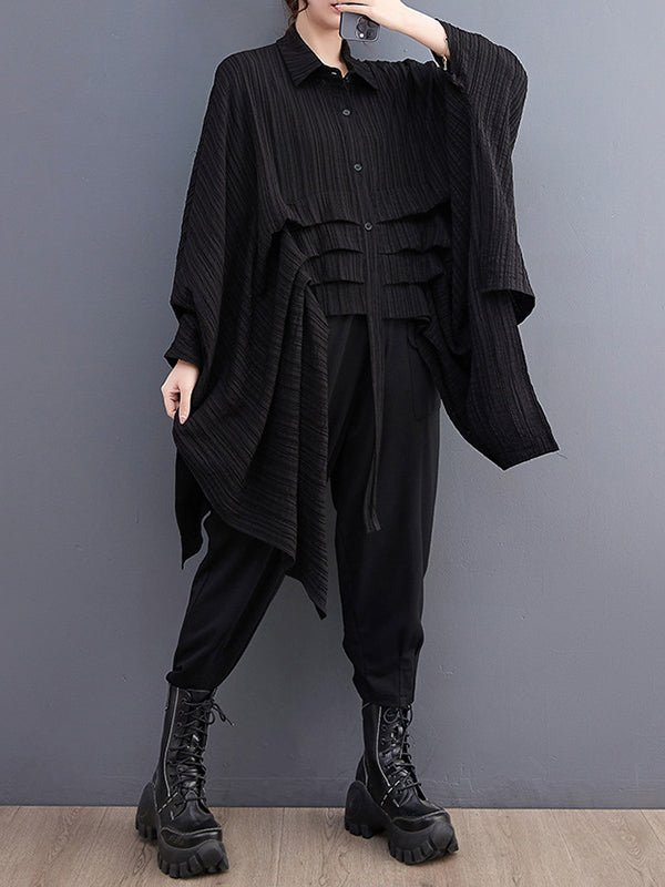 Pleated Solid Color Cropped Long Sleeves Lapel Blouses&shirts Tops