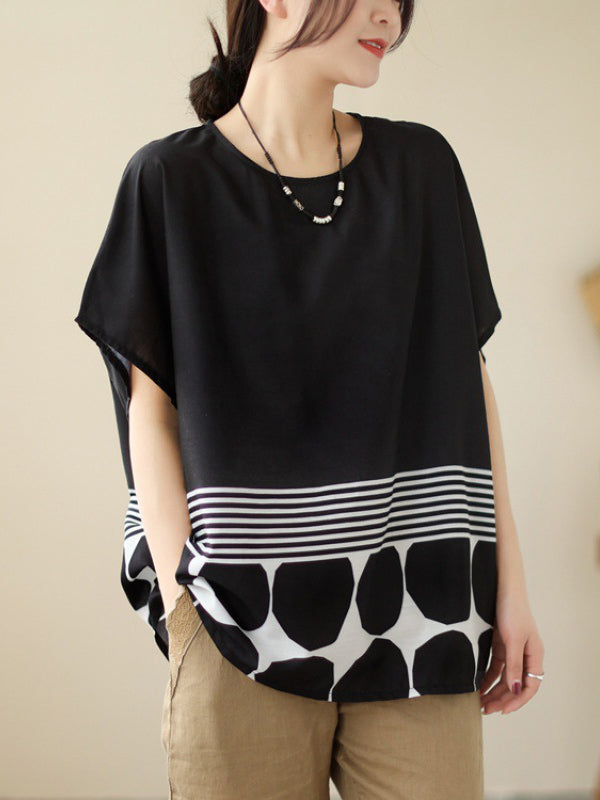 Polka Dot Split-Joint Striped Loose Short Sleeves Round-Neck T-Shirts Tops