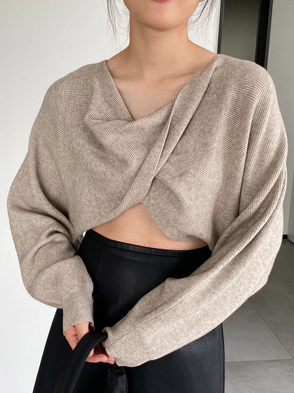 Knot Solid Color Batwing Sleeves Long Sleeves V-Neck Sweater Tops Pullovers