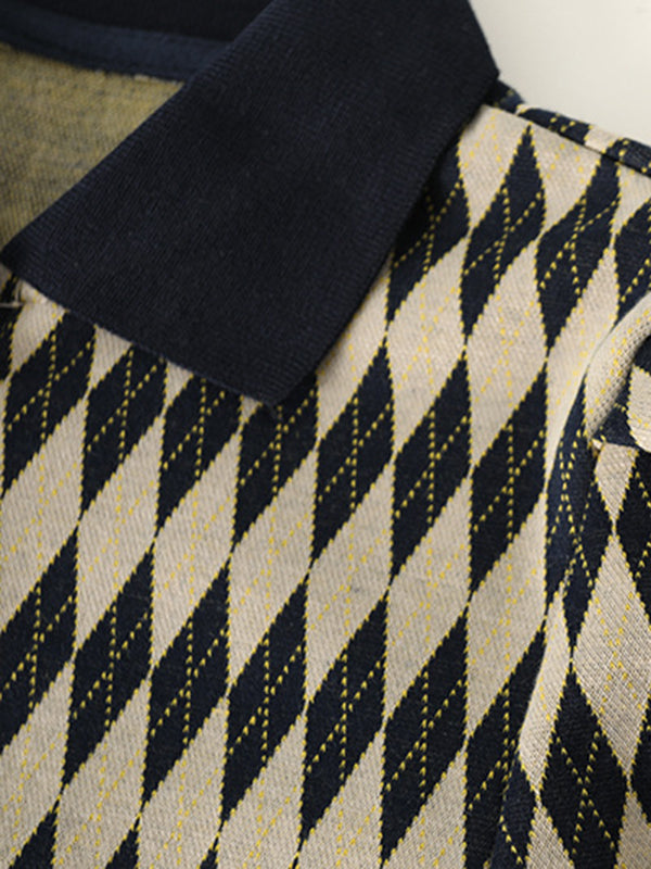 Original Plaid Knitting Lapel Collar Short Sleeves Mini Dress