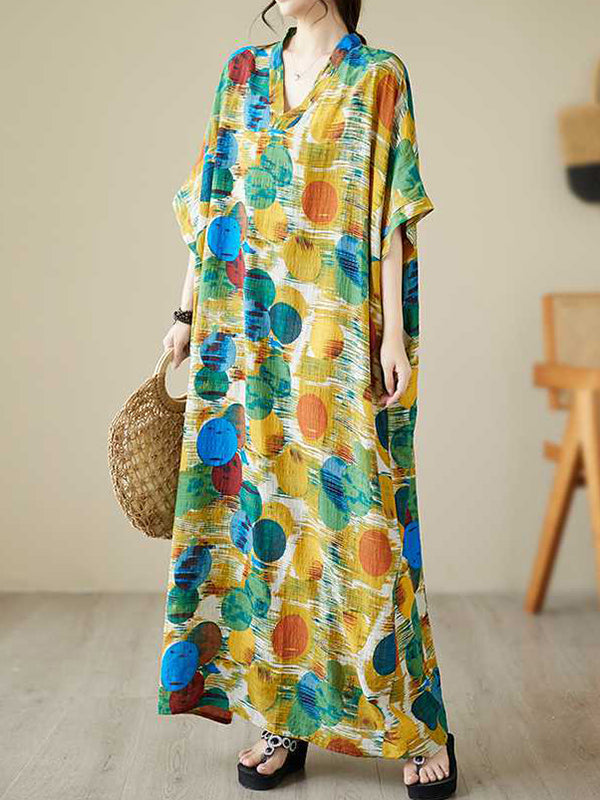 Contrast Color Polka-Dot Batwing Sleeves Half Sleeves V-Neck Maxi Dresses
