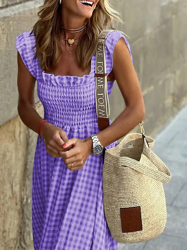 Elasticity Plaid Pleated Split-Joint Loose Sleeveless Square-Neck Maxi Dresses