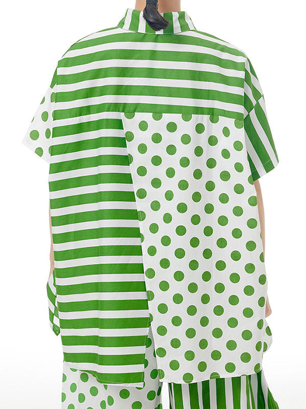 Polka-Dot Split-Joint Striped Irregular clipping Loose Lapel Shirts Tops