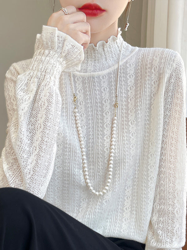 Elasticity Ruffle Trim Solid Color Long Sleeves Loose Mock Neck T-Shirts Tops
