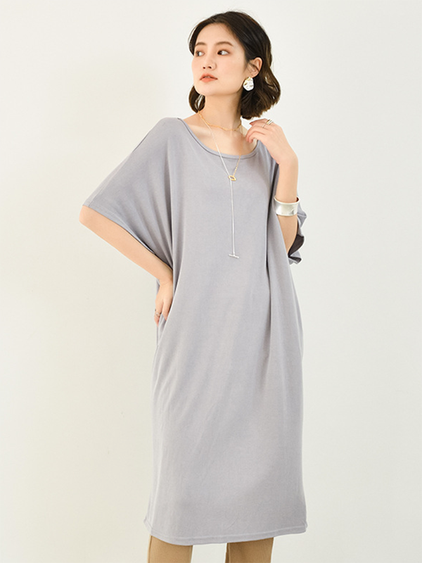 Casual Batwing Half Sleeves Solid Color Round-Neck Midi Dresses