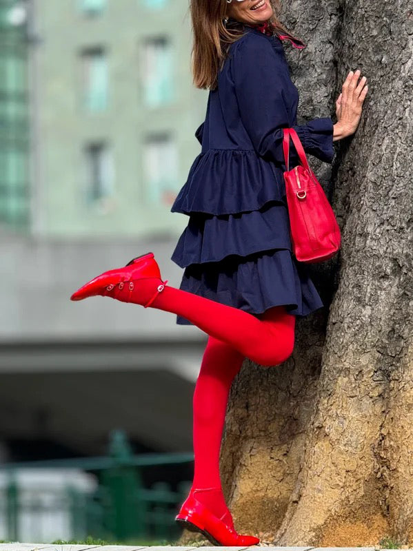 Buttoned Elasticity Layered Solid Color Flared Sleeves Long Sleeves V-Neck Mini Dresses